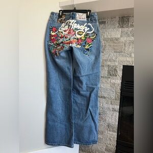 NEW! Ed Hardy Women's Multi Tattoo Print Denim Baggy Jeans Size 26 Light Wash